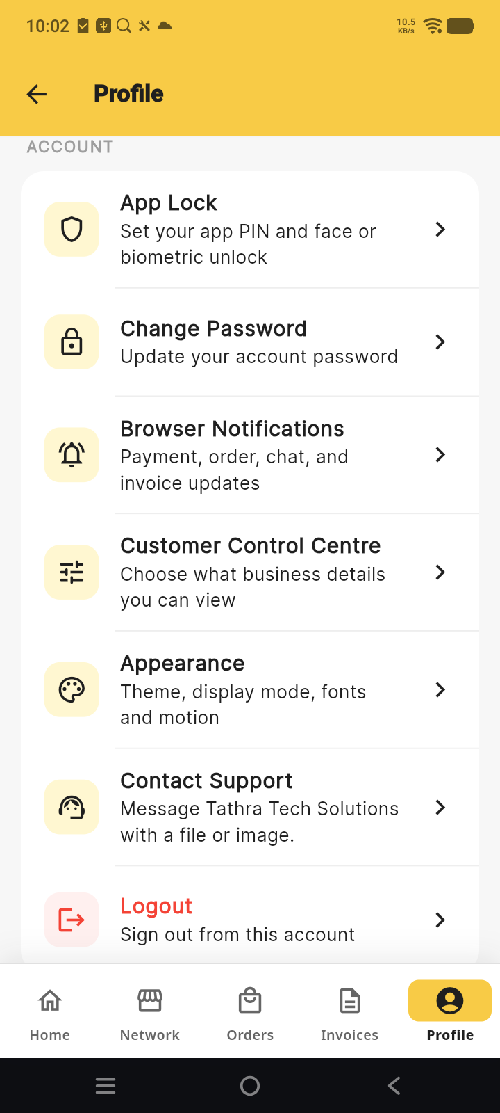 Tathra customer Profile screen with account and notification settings