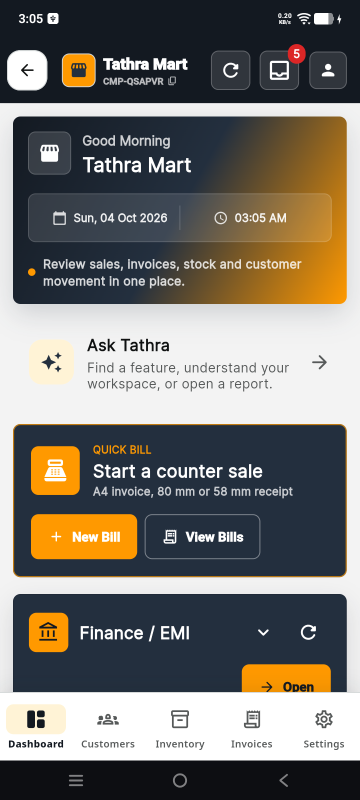 Tathra business dashboard showing sales and activity