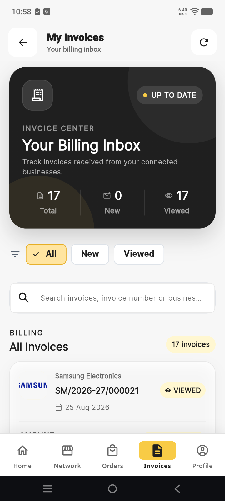 Tathra customer Invoices screen showing the billing inbox